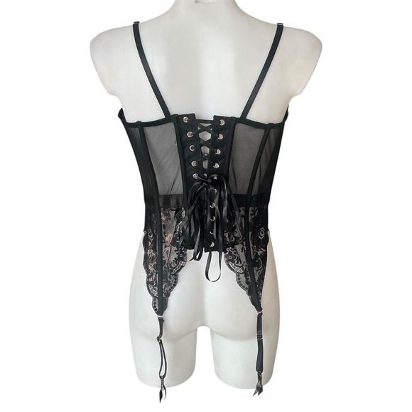 Coquette Black Lacey Zip Up Corset with Attached Garters Lace Up Back XL - Picture 2 of 16